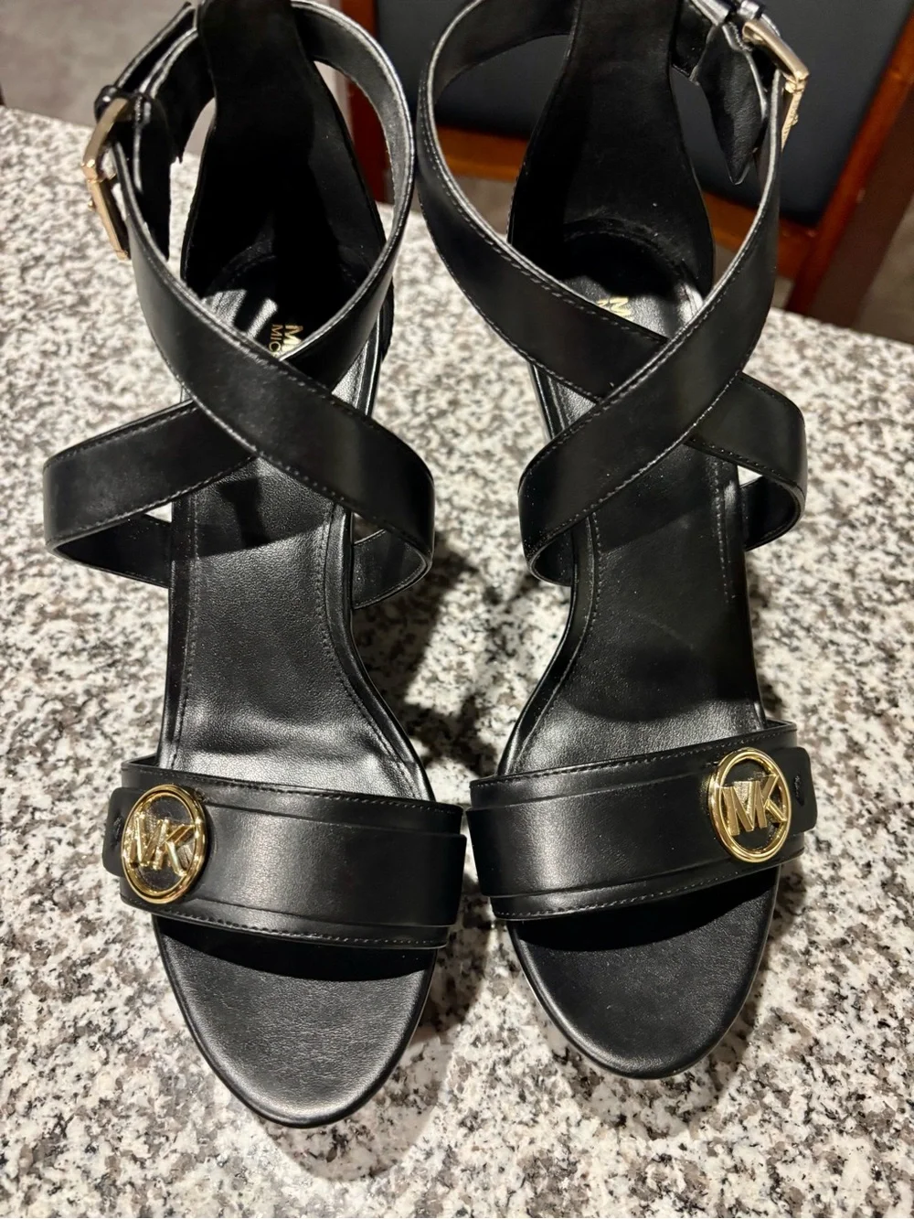 Michael Kors Black Leather Wedge Sandal with Gold MK Emblem